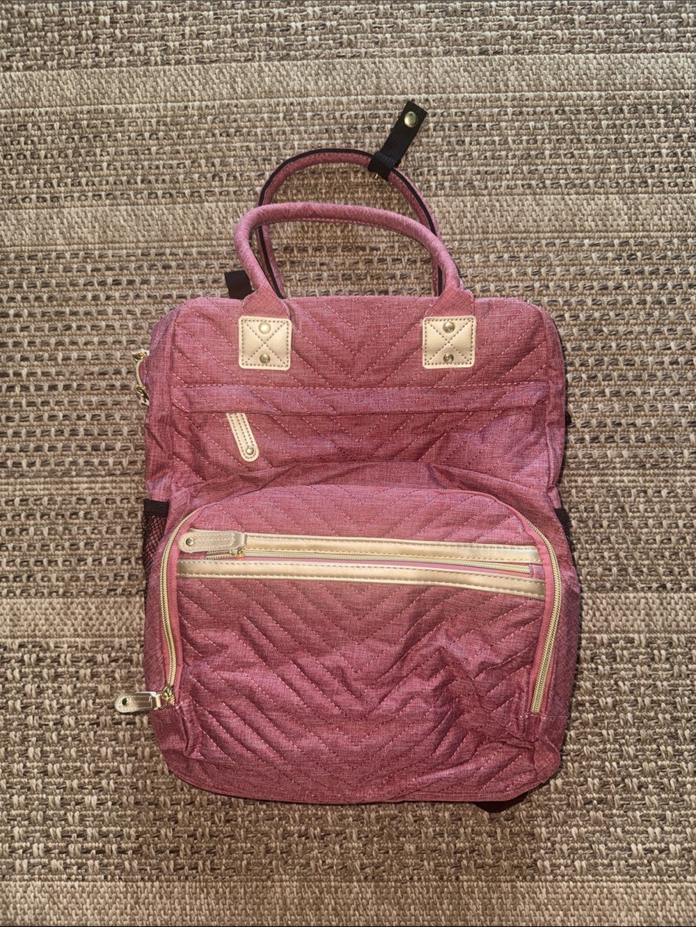 Women’s Quilted Redish Pink Baby Diaper Backpack Tote with Gold Accents ✨New✨